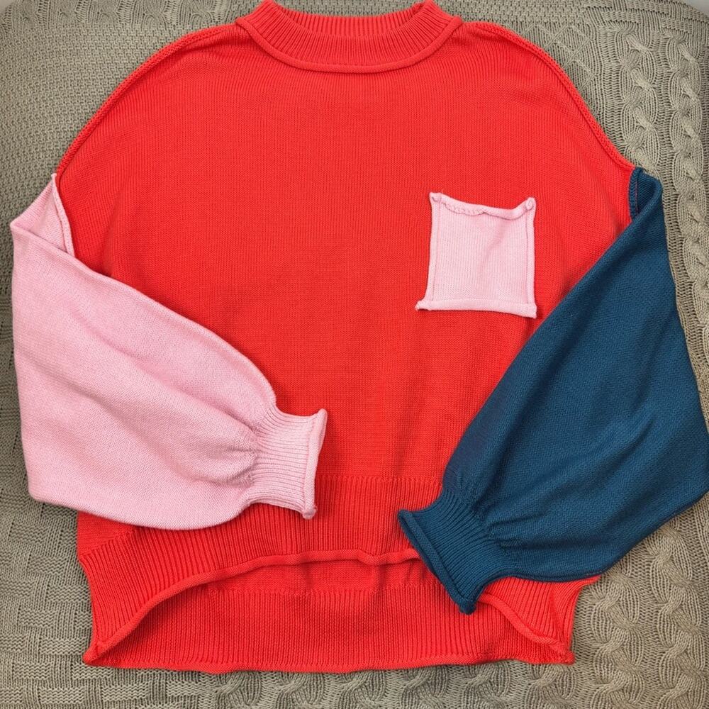 POL Women’s Oversized Slouchy Colorblock Sweater with Pocket Small